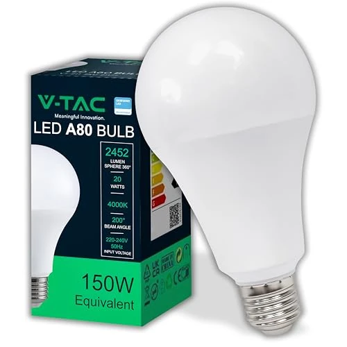 Oferta limitada: V-TAC Bombilla LED A80 con casquillo E27 20 W (equivalente a 150 W) – 2452 lúmenes – Bombillas LED con máxima eficiencia y ahorro energético – Luz blanca natural 4000 K de 26.60 € a 26.60 € (ahorro 0.0%)