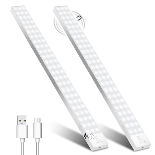 Iluminación LED para armario con detector de movimiento, 43,5 cm, 2 unidades, luz para armario, barra LED con batería, recargable por USB, lámpara de armario de cocina, para armario, escalera,