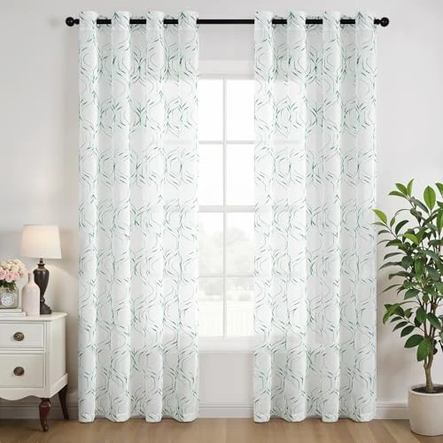 MIULEE Diamond Pattern, Embroidered Curtains, Sheer Eyelet Curtains for Bedroom Living Room Minimalist Modern Curtain Set 2 Pieces 140X245cm Green