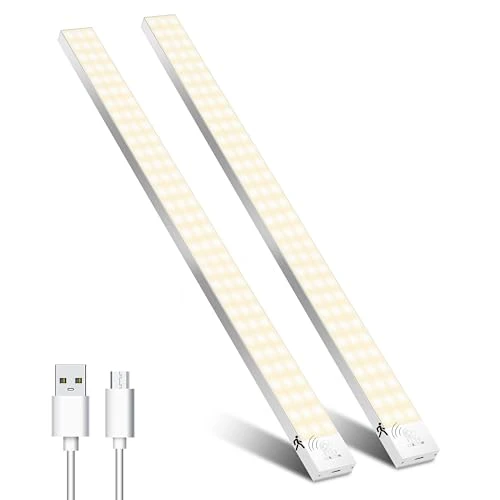 Onderbouwlamp keuken, led-kastverlichting, 60 cm, 2 stuks, warmwit, met bewegingsmelder, binnen, accu, kastverlichting, lichtstrip, USB met sensor voor kledingkast, onderkast, kofferbak, RV