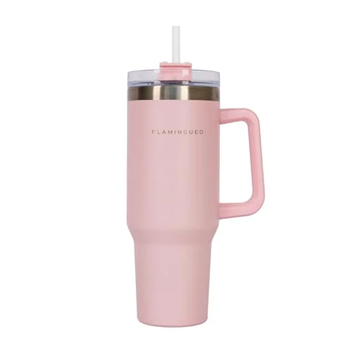 Flamingueo Termo 1,18L - Botella Agua Acero Inoxidable - Tumbler - Con Pajita y Asa - Bebidas Frías 24h y Calientes 10h - Vaso Termico - Rosa