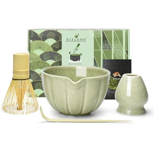 Artcome Japoński zestaw do herbaty Matcha – miska do matcha z wylewką, trzepaczką do matchy, łyżeczką do herbaty, uchwytem na trzepaczkę, ręcznie robiony zestaw ceremonii matcha na japońską ceremonię