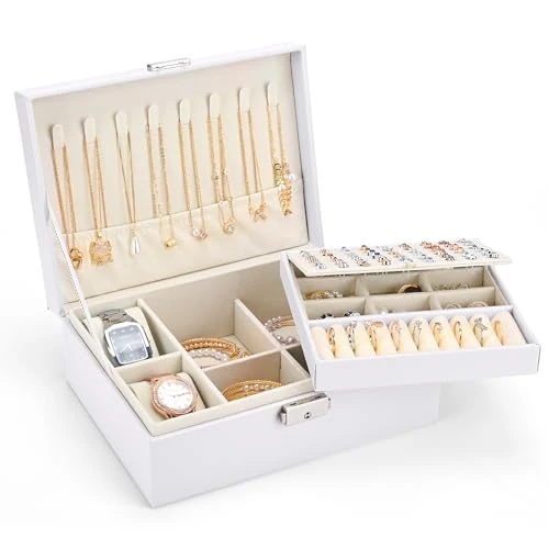 Offerta a tempo: Sofore Portagioie Donna Porta Gioie Portagioie Bambina Grande Porta Gioielli Bambina a 2 Strati in Pelle PU Donna da Camera Organizer Gioielli Storing Jewelry Earrings Anelli, Bianco Perla - 22% da 24.99 € a 19.54 €