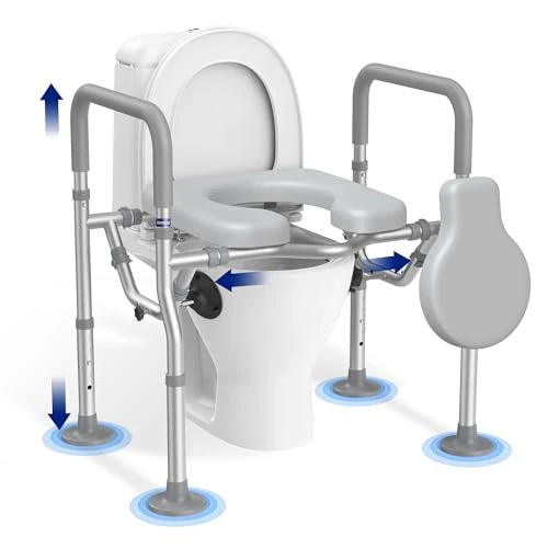 T1 Toilet Safety Frame with Handles for 181kg, Toilet Seat Riser for Seniors with Adjustable Height, Width, Elevated Shower Commode Chair with Suction Cups Maximize Security for Elderly, Handicapped