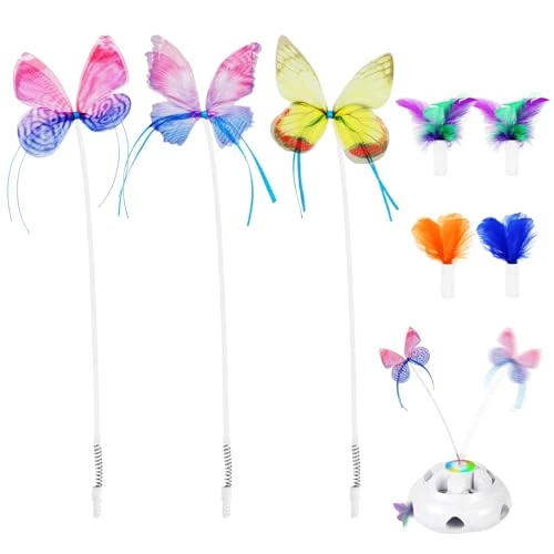 Diealles Shine Katzenspielzeug austauschbare Federn und Schmetterlinge Spielzeug Zubehör, 3 Schmetterlinge und 4 Feder, Nicht inbegriffen Die Basis