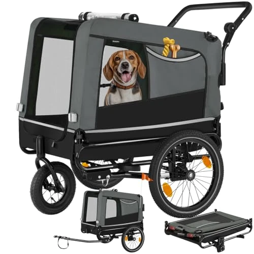 tectake® 3 in 1 Folding Bicycle Trailer with Reflectors, Flag, Bicycle Trailers for Dogs Also as a Pushchair Dog Pets Medium Size Maximum Load 40 kg – Grey