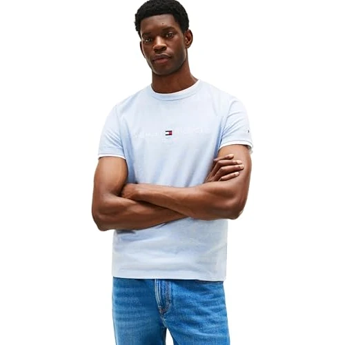 Tommy Hilfiger Camiseta de Manga Corta para Hombre con Cuello Redondo y LogoTipo Tommy, Azul (Heathered Blue), XL