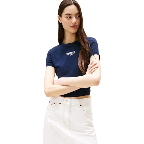 Tommy Jeans T-Shirt Manches Courtes Femme Slim Essential Logo Court, Bleu (Dark Night Navy), XS