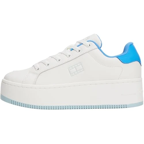 Tommy Jeans Donna Sneakers con Suola Alta in Pelle, Multicolore (Ecru/Copenhagen Blue), 42