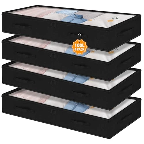 mepure 4 Pezzi Contenitore Sottoletto,100L Grandi Contenitori per Armadio Salvaspazio con Resistenti Cerniera & Coperchio Trasparente,Non Rigidi,Multiuso Organizer Armadio per Vestiti Trapunte Coperte