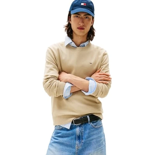 TOMMY JEANS Mens TJM Slim Essential Light Dm0dm18895 Pullover Sweater, Khaki (Silt), M UK