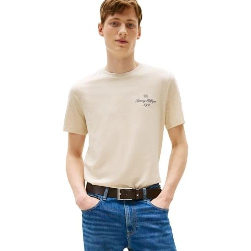 Offerta a tempo: Tommy Hilfiger T-Shirt Uomo Maniche Corte Outline Script Tee Regular Fit, Beige (Heathered Oatmilk), L - 44% da 39.90 € a 22.20 €