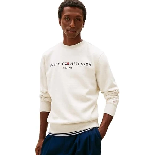 Tommy Hilfiger Sudadera Hombre Tommy Logo sin Capucha, Beige (Heathered Oatmilk), S