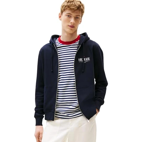 Offerta a tempo: Tommy Hilfiger Uomo Felpa con Cappuccio e Zip Stacked Hooded in Cotone, Blu (Desert Sky), S - 51% da 119.90 € a 59.31 €