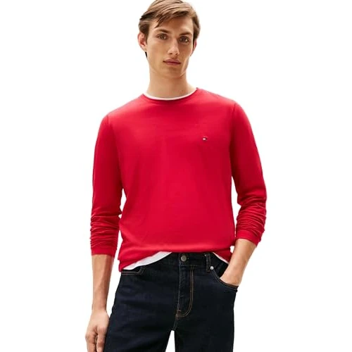 Tommy Hilfiger Herren Langarmshirt Stretch Slim Fit Baumwolle, Mehrfarbig (Medium Red), XS