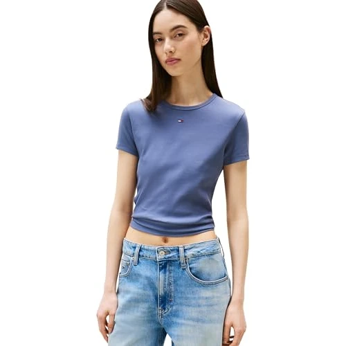 Tommy Jeans Damen T-Shirt Kurzarm Essential Rib Slim Fit, Blau (Blue Moment), XXS