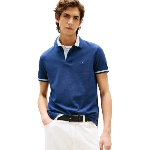 Tommy Hilfiger Polo de Manga Corta Hombre Contrast Collar Block Regular Fit, Azul (Preppy Navy Heather B8465), M