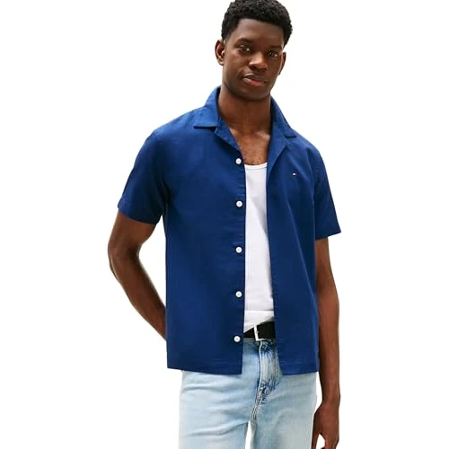 Offerta a tempo: Tommy Hilfiger Uomo Camicia Linen Blend Maniche Corte, Blu (Carbon Navy), XXL - 41% da 89.90 € a 52.80 €