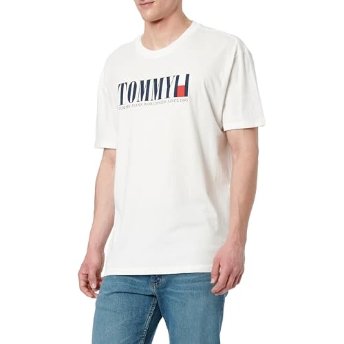 Tommy Jeans Mens TJM Reg DNA Flag Tee Ext Dm0dm21941 S/S T-Shirt, White (Ecru), S UK