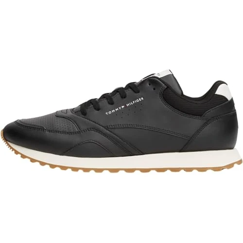 Tommy Hilfiger Men’s New EVA Leather Runner Trainers, Black (Black), 8