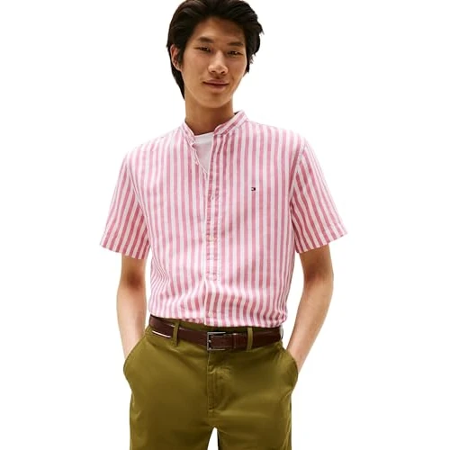 Offerta a tempo: Tommy Hilfiger Uomo Camicia Linen Blend MAO con Colletto Grandad, Multicolore (Vintage Rosy/White), M - 0.00% da 30.99 € a 30.99 €