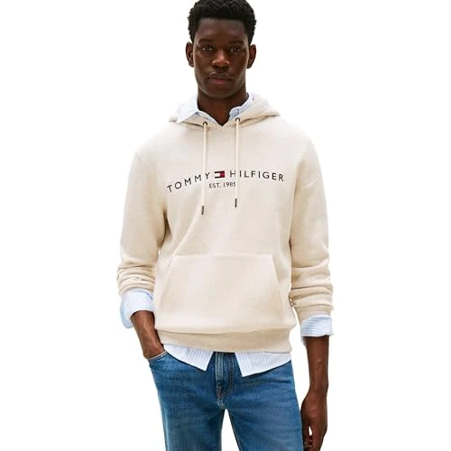 Offerta a tempo: Tommy Hilfiger Uomo Felpa Tommy Logo con Cappuccio, Beige (Heathered Oatmilk), XXL - 32% da 119.90 € a 81.95 €