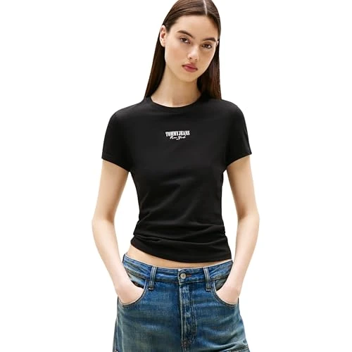 Offre limitée : Tommy Jeans T-Shirt Manches Courtes Femme Slim Essential Logo Court, Noir (Black), XL de 20.37 € à 20.37 € (0.00% de remise)