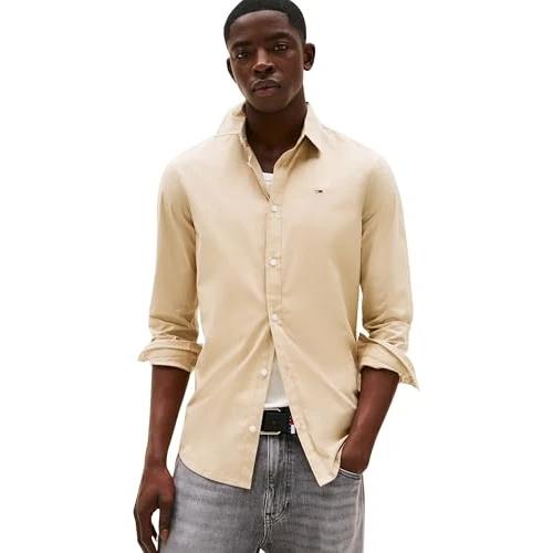 Tommy Jeans Herren Hemd Original Stretch Langarm, Beige (Silt), XS