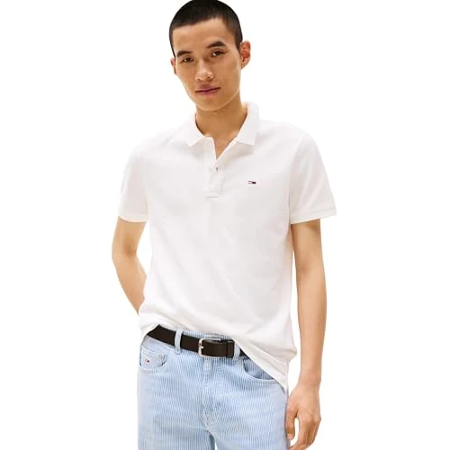 Tommy Jeans Men’s Short Sleeve Slim Fit Placket Polo Shirt, White (Ecru), XXL