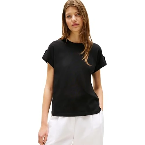 Tommy Hilfiger T-Shirt Manches Courtes Femme Gold Button avec Col Ras-du-Cou, Noir (Black), XXS