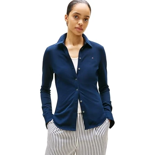 Tommy Hilfiger Chemise Femme 1985 Slim avec Col Pointu, Bleu (Dark Night Navy), L