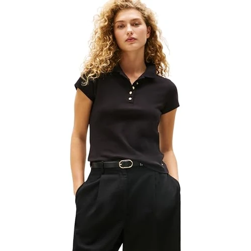 Zeitlich begrenztes Angebot: Tommy Hilfiger Damen Poloshirt Kurzarm Gold Button Slim mit Stretch, Schwarz (Black), XS von 99.90 € auf 54.95 € (45% Rabatt)