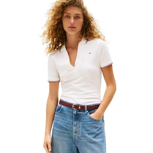 Tommy Hilfiger Polo de Manga Corta Mujer Open Slim Fit, Blanco (Ecru), L