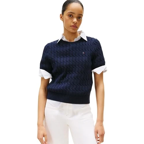 Tommy Hilfiger Donna Pullover Cable Maniche Corte, Blu (Dark Night Navy), S