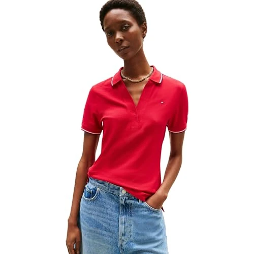 Tommy Hilfiger Women’s Short Sleeve Slim Fit Open Polo Shirt, Multicolor (Medium Red), M