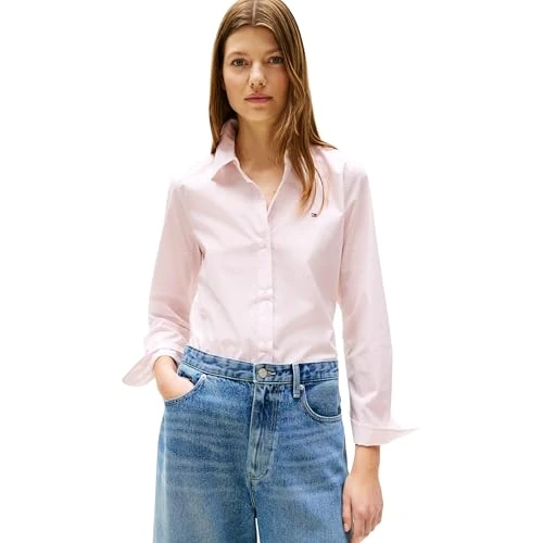 Offerta a tempo: Tommy Hilfiger Donna Camicia Poplin Regular con Colletto a Punta, Rosa (Classic Ithaka STP Light Pink), 44 - 55% da 89.90 € a 40.18 €
