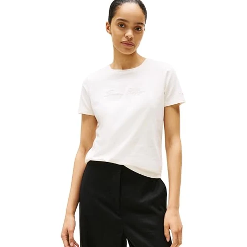 Offre limitée : Tommy Hilfiger T-Shirt Manches Courtes Femme Lurex Script avec Col Ras-du-Cou, Blanc (Ivory Silk), XL de 24.04 € à 24.04 € (0.00% de remise)