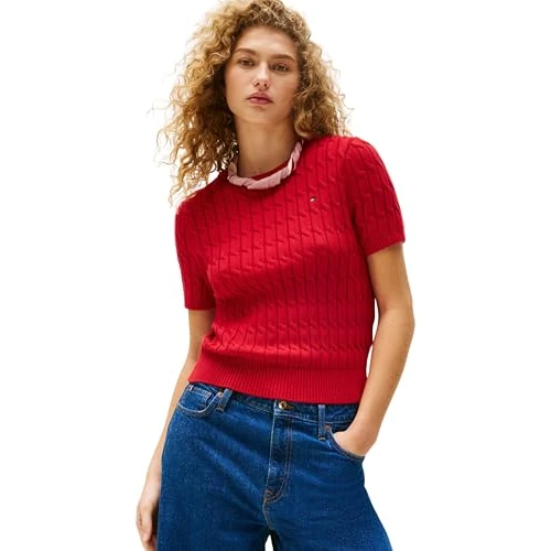 Tommy Hilfiger Pull Femme Cable Manches Courtes, Multicolore (Medium Red), XS