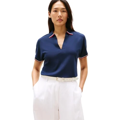Oferta limitada: Tommy Hilfiger Polo de Manga Corta Mujer Lyocell Tipping sin Botones, Azul (Dark Night Navy), XXL de 99.90 € a 61.38 € (ahorro 39%)