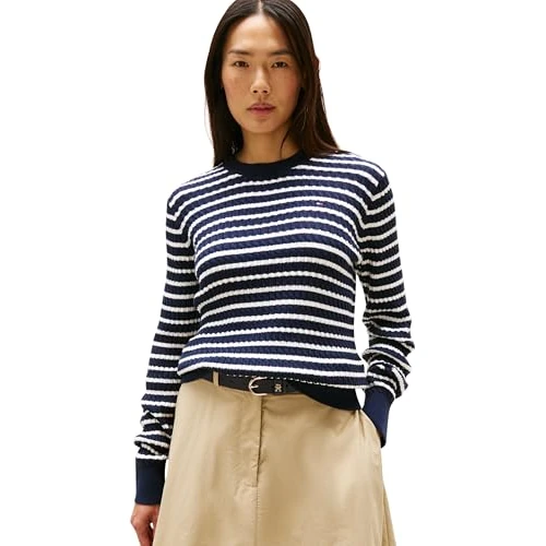 Limited-time offer: Tommy Hilfiger Women’s Fine Cable Knit Jumper, Multicolor (Dark Night Navy/Ivory Silk STP), XXS from 72.00 £ to 72.00 £ (save 0.00%)