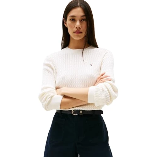 Offre limitée : Tommy Hilfiger Pull Femme Cable Fine Torsadé, Blanc (Ivory Silk), XXS de 129.90 € à 84.95 € (35% de remise)