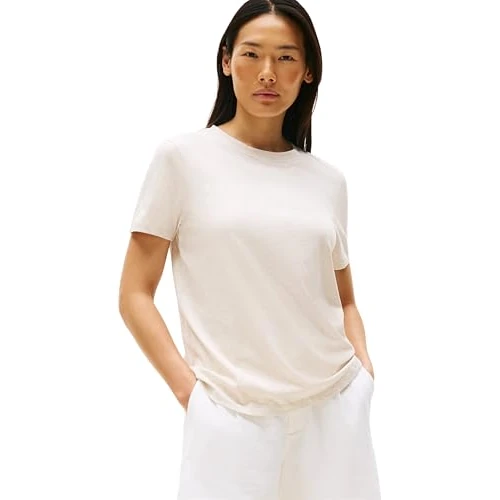 Offerta a tempo: Tommy Hilfiger T-Shirt Maniche Corte Donna Scollo Rotondo, Avorio (Heather Oatmilk), XXS - 37% da 39.90 € a 24.95 €