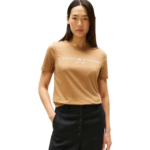 Tommy Hilfiger Damen T-Shirt Kurzarm Logo Rundhalsausschnitt, Braun (Hickory), S
