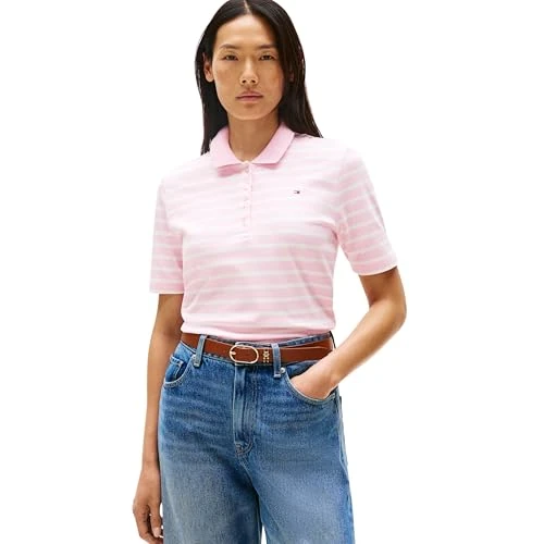 Tommy Hilfiger Donna Maglietta Polo Maniche Corte 1985 Pique Regular Fit, Multicolore (Breton STP Classic Pink/Ecru), XS