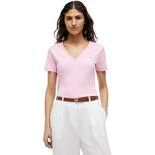 Offerta a tempo: Tommy Hilfiger Donna T-Shirt Maniche Corte New Slim Cody con Scollo a V, Rosa (Classic Pink), XL - 38% da 49.90 € a 30.99 €