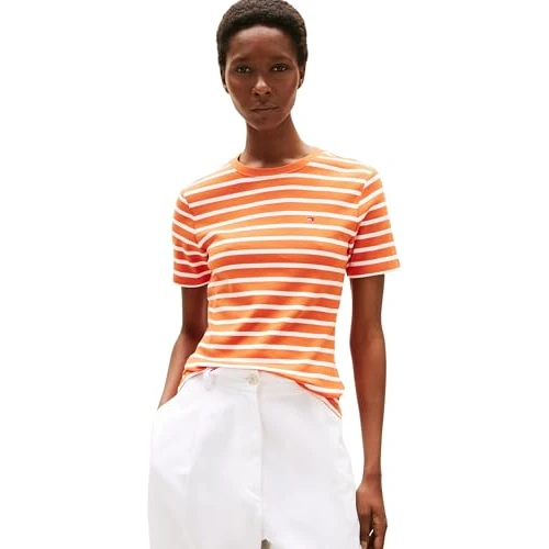 Tommy Hilfiger Donna T-Shirt Maniche Corte Slim Cody Scollo Rotondo, Multicolore (Classic Breton Orange/ECU), L