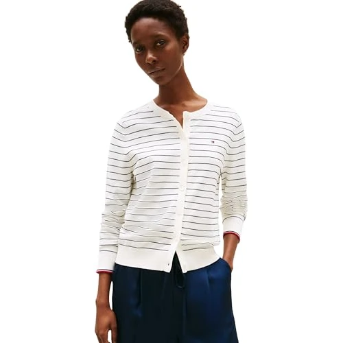 Tommy Hilfiger Women's Elegant Jersey Stitch Cardigan, Multicolor (Ivory Silk/Dark Night Navy STP Gs), XXS