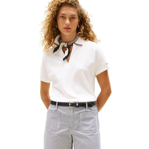 Tommy Hilfiger Women’s Short Sleeve Lyocell Tipping Polo Shirt Without Button Placket, White (Ecru), XS