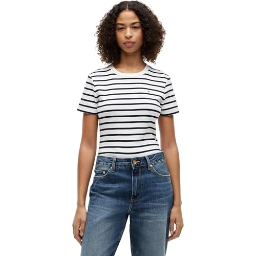 Offerta a tempo: Tommy Hilfiger Donna T-Shirt Maniche Corte Slim Cody Scollo Rotondo, Multicolore (Breton/ECU/Dark Night Navy), 3XL - 15% da 49.90 € a 42.42 €