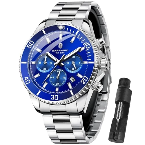 Limited-time offer: SAPPHERO Mens Watch Stainless Steel Analogue Quartz Chronograph Watches Men 50M Waterproof Wristwatches with Calendar Luxury Business Work and Casual Elegant Gifts for Men from 44.99 £ to 44.99 £ (save 0.00%)